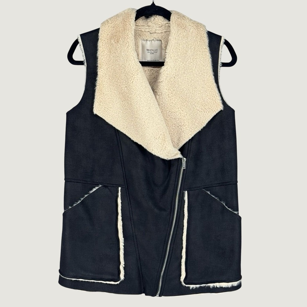 Zara Trafaluc Faux Fur Faux Suede Black Cream Zip Vest Womens Small Luxe Chic